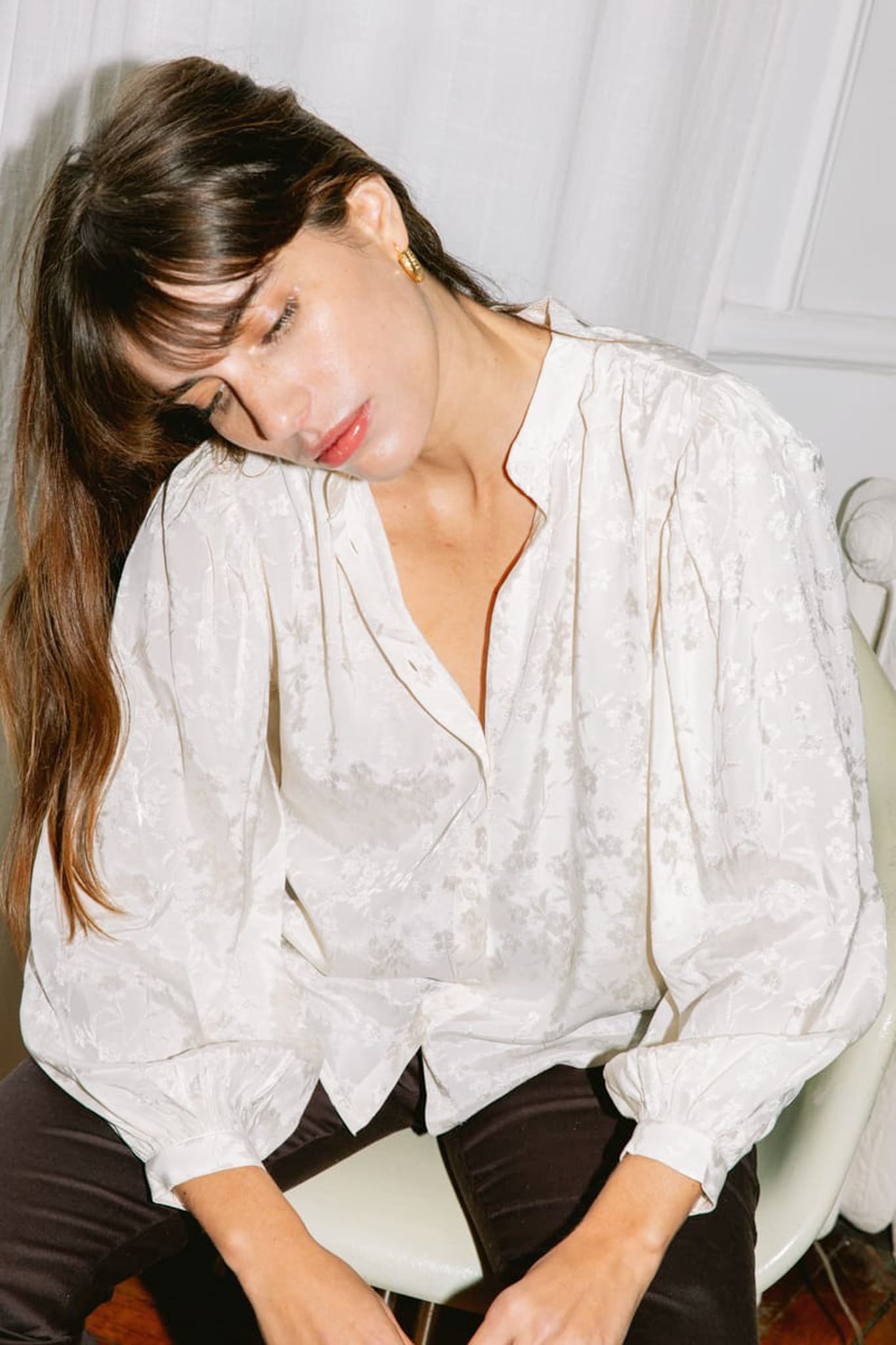 Blouse fluide en viscose jacquard écrue, éthique et fabriquée au Portugal