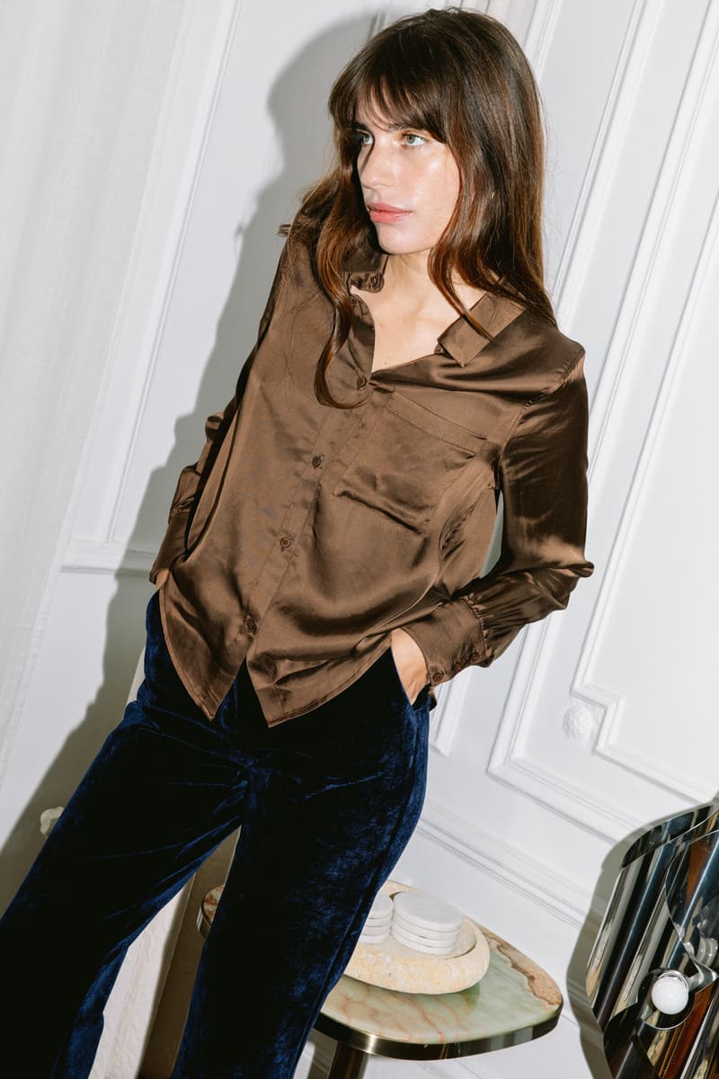 Chemise marron en satin Ecovero doux, matière éco-responsable, confectionnée au Portugal