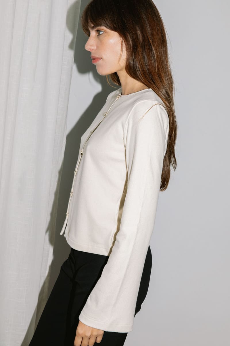 Gilet en maille écru côtelée, matière naturelle coton/Tencel, fabrication française et éthique